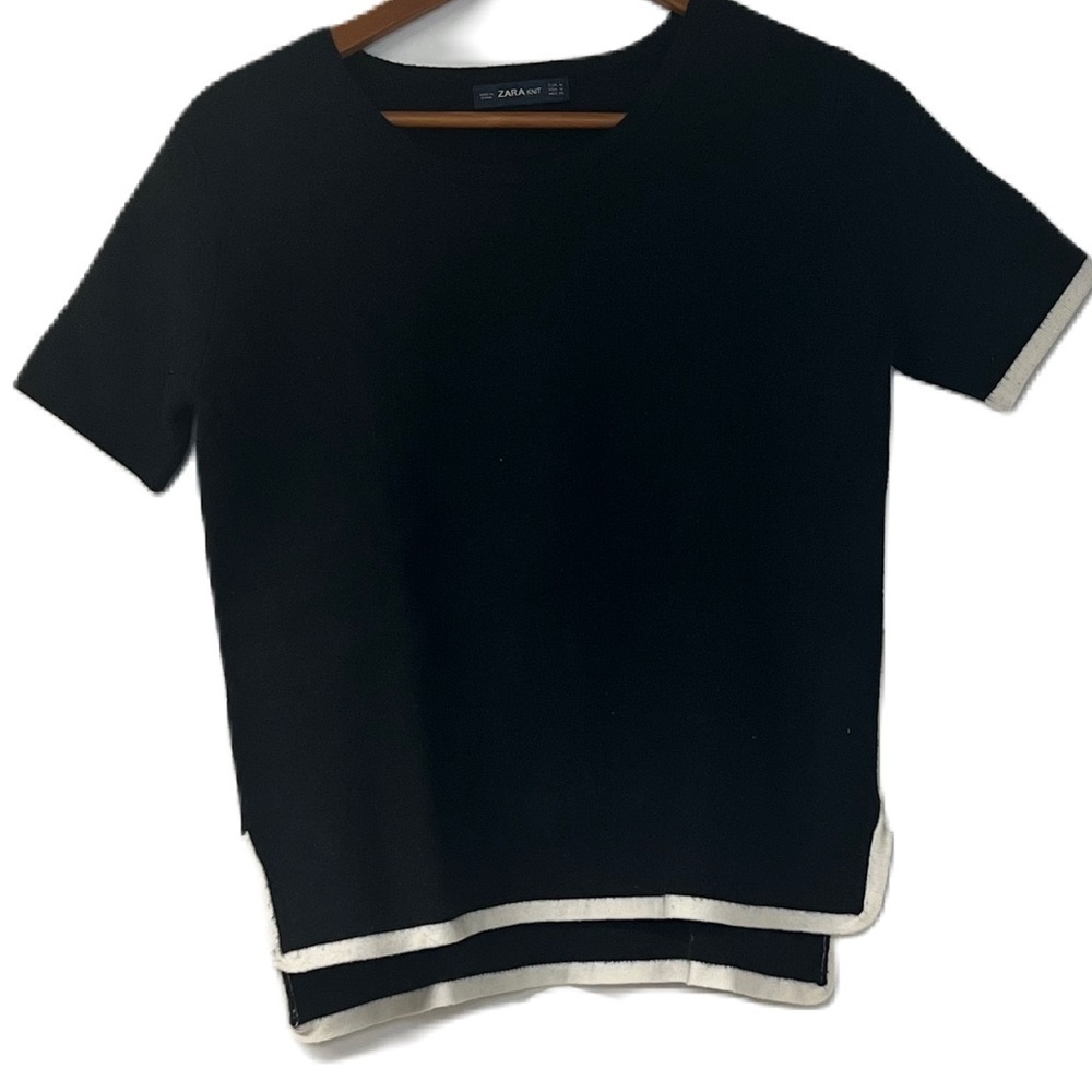 Zara Knit Women's Black Short Sleeve Sweater Sz M cropped casual work white trim